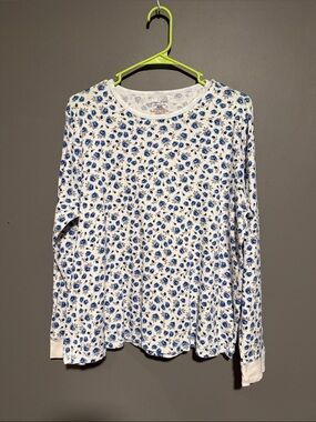 White Long-Sleeve Tee with Blue Floral Print